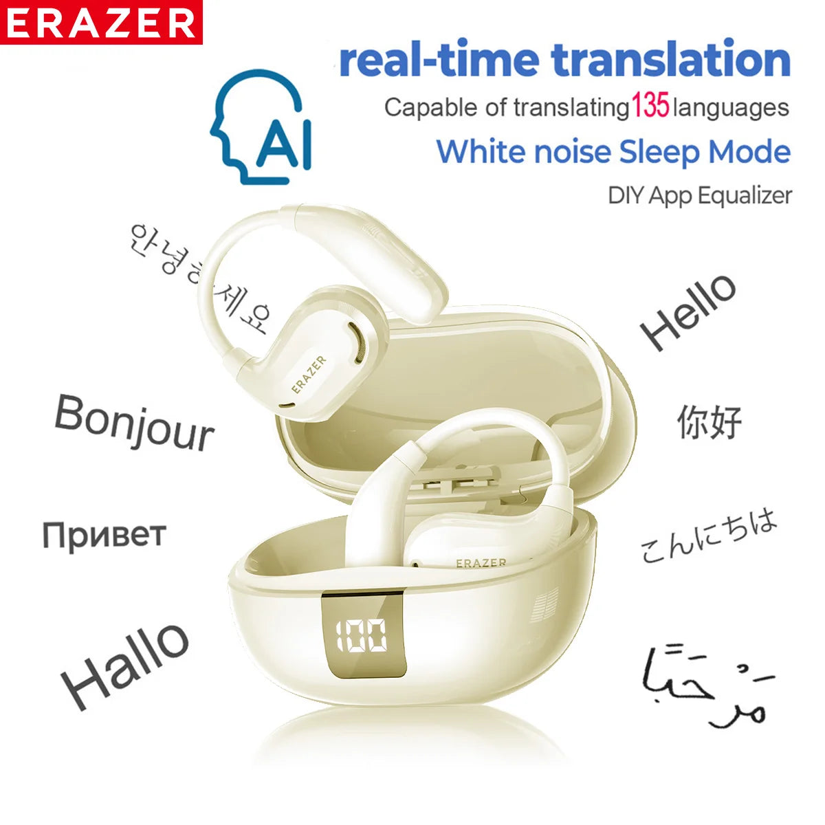 long life Display  16:20 Claude responded: Słuchawki Bluetooth ERAZER XT66PRO z tłumaczem AI i wyświetlaczem — 13 godzin pracy