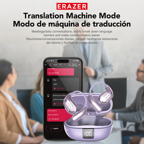 long life Display  16:20 Claude responded: Słuchawki Bluetooth ERAZER XT66PRO z tłumaczem AI i wyświetlaczem — 13 godzin pracy