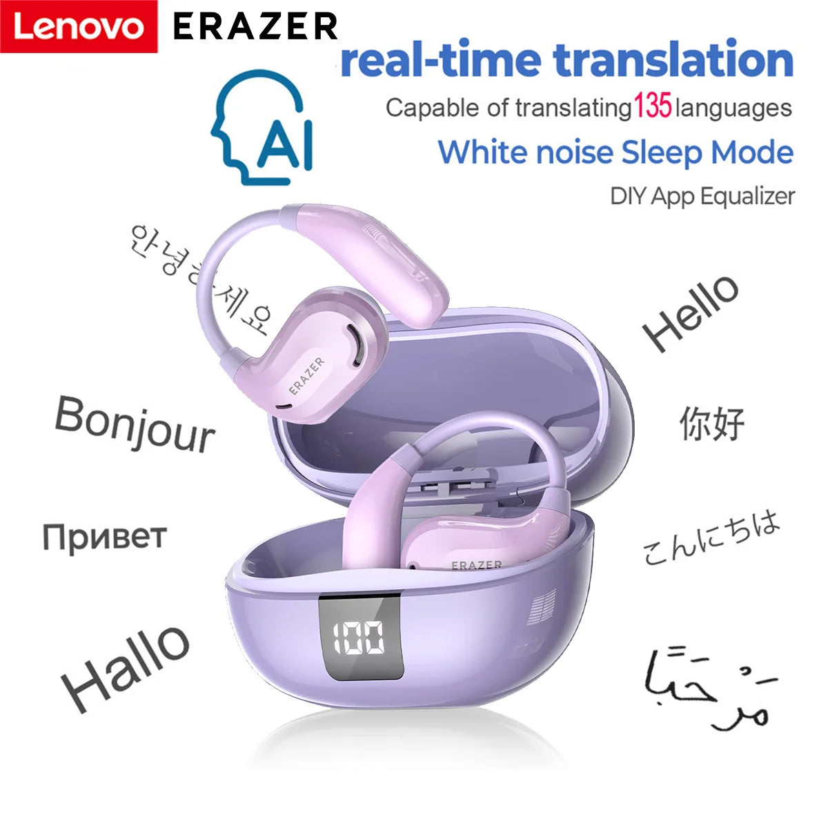 long life Display  16:20 Claude responded: Słuchawki Bluetooth ERAZER XT66PRO z tłumaczem AI i wyświetlaczem — 13 godzin pracy